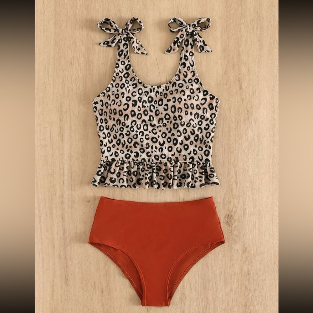 Leopard Print Tie Shoulder Swim Top
